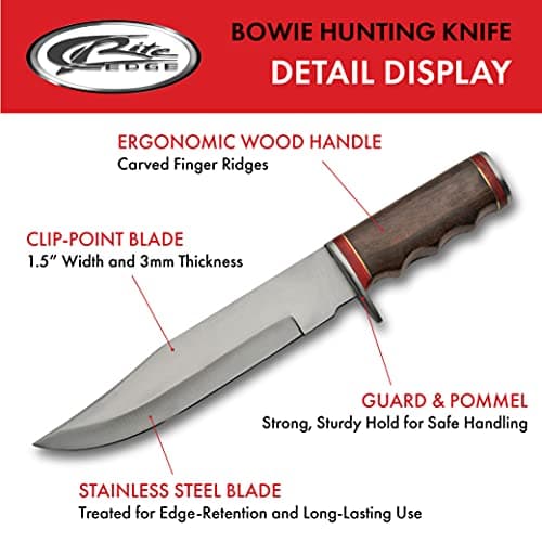 SZCO 12" Full Tang Bowie Knife - Stainless Steel Blade, Wood Handle, Leather Sheath for Men Outdoor Camping