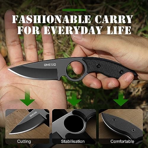 Omesio Tactical Hunting Camping Knife, Kydex Sheath, G10 Handle, Black, Gift Box