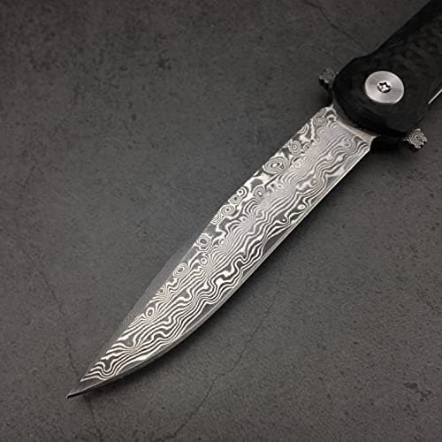 HUAAO Damascus Pocket Knife, 2.9”, Carbon Fiber Handle, Liner Lock, Black