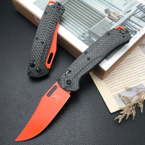8-Inch Folding Pocket Bugout Knife for Outdoor Camping - Orange D2 Blade, Carbon Fiber Handle