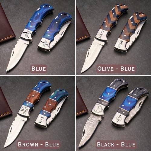 Personalized Damascus Pocket Knife - Hunting Knife for Men, Wood Handle, Survival Gifts for Dad