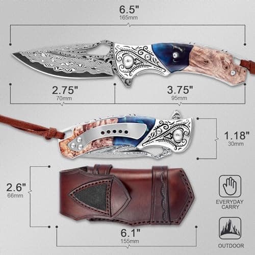 VNLA Damascus Folding Pocket Knife: Resin Maple Leaf Handle, Leather Case, Hiking EDC