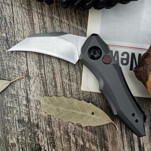 HUAAO Spring-Assisted Push Button Knife, 8Cr13Mov Hawkbill Blade, Gray Aluminum Handle