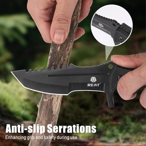 REAT 440 Steel Fixed Blade Knife with Sheath, 8.5" Full Tang, Ergonomic Handle, Hunting Knife for Camping & Survival