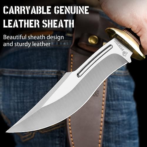 NedFoss SA78 Hunting Knife, 7" Fixed Blade, 440C StainlessSteel, Leather Sheath, Gifts for Men & Women