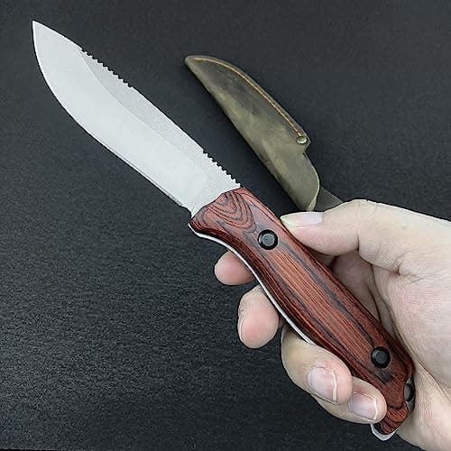 EDC Full Tang 440C Stainless Steel Knife, Wood Handle, Camping & Hunting (165g)