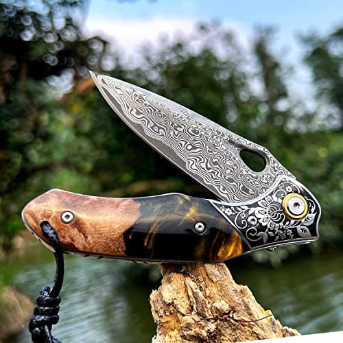 Handmade Japan Damascus Steel Pocket Knife, 3.1" VG10 Blade, Resin Maple Handle