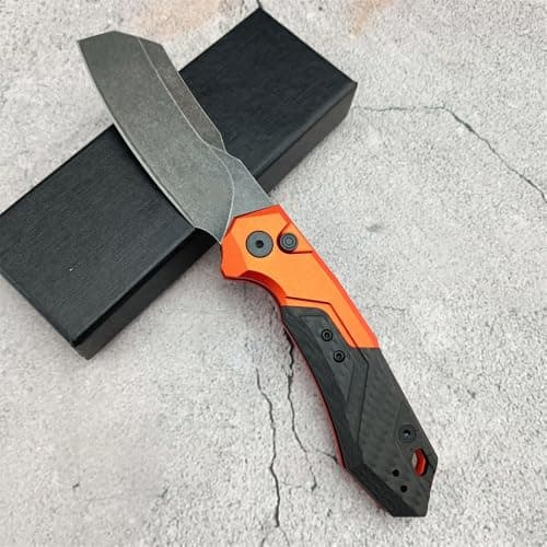3.27 D2 Cleaver Blade Pocket Knife with SpeedSafe, Aluminum and Carbon Fiber Handle, Tip-up Clip, EDC for Camping and Hunting, Orange