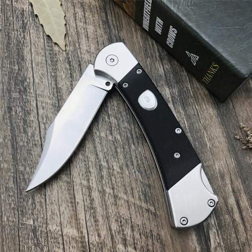 Push Button Folding Knife, 440C Steel, Backlock, G10 Handle, Leather Sheath, EDC for Men (Black)
