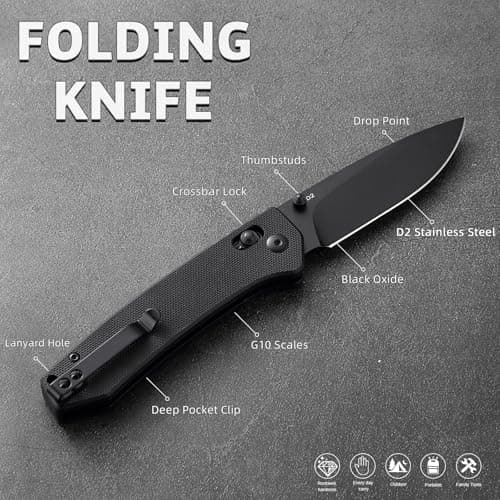 D2 Steel Reversible Clip Pocket Knife: 3.14" Black Drop Point, G10 Handle, Axis Lock, Ideal for Camping