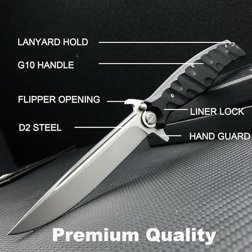 Large Flipper Assisted Opening Pocket Knife for Men, D2 Steel Folding with G10 Handle