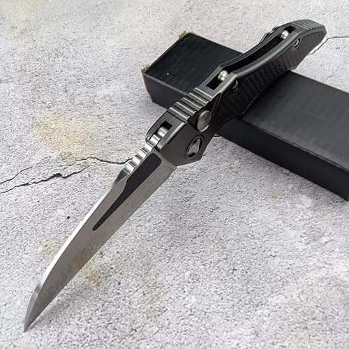 8.9'' Button Lock Folding Pocket Knife, D2 Blade Steel, Carbon Fiber Handle, Gray, EDC for Camping and Hunting
