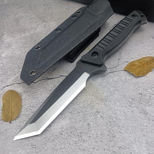 8Cr13Mov Full Tang Survival Knife, Kydex Sheath, Outdoor Hunting Knife (Black)