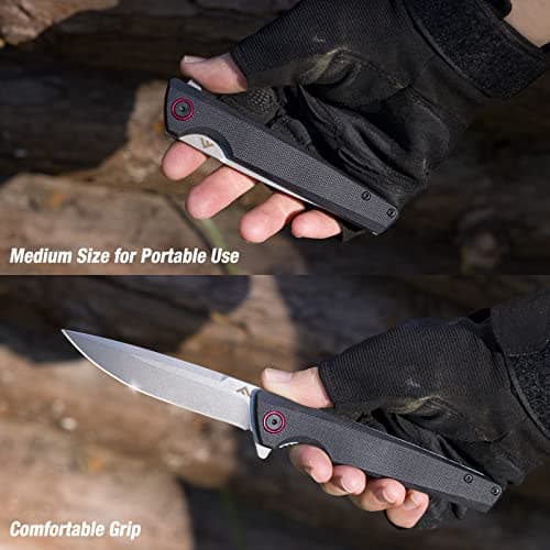 Flissa Pocket Knife, 4 Inch D2 Blade, G10 Handle, Black for Outdoors, Hiking, Camping