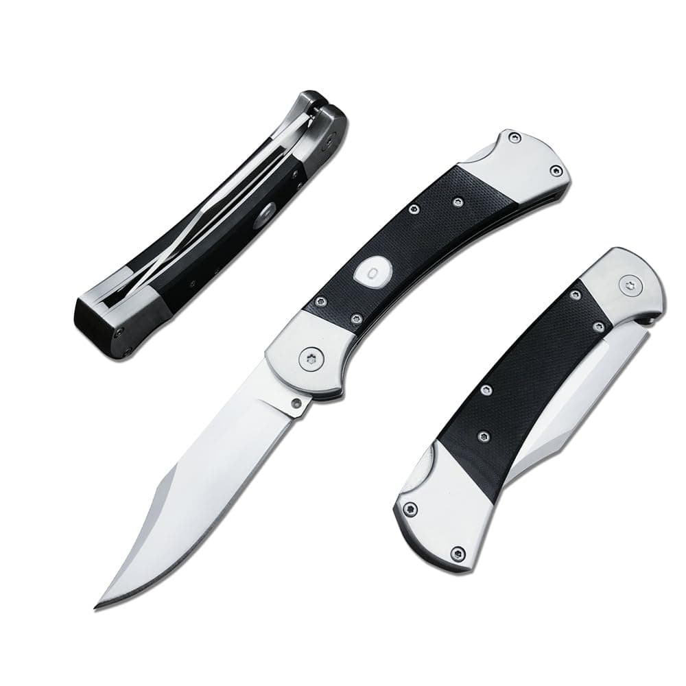 Push Button Folding Knife, 440C Steel, Backlock, G10 Handle, Leather Sheath, EDC for Men (Black)