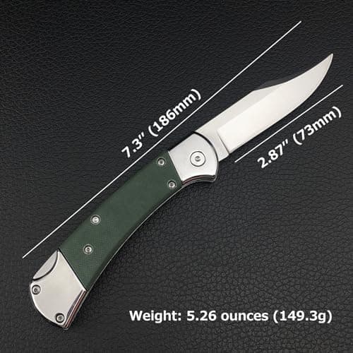 HUAAO 7.3 Inch Lock Back Knife with G10 Handle & Leather Sheath (Green)