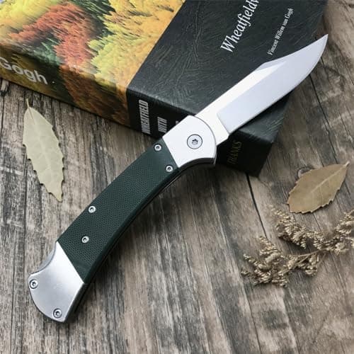 Push Button Assisted Folding Knife with 440C Steel Blade and G10 Handle, Includes Leather Sheath - EDC Knife for Men (Green)