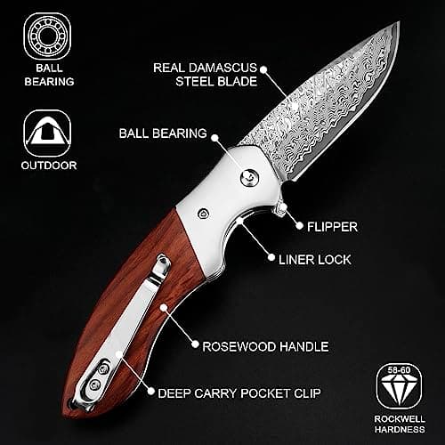 KOMWERO Damascus Steel Pocket Knife, VG10 Blade, 3.34" Length, Hunting Knife