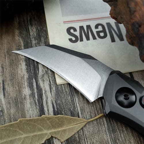 HUAAO Spring-Assisted Push Button Knife, 8Cr13Mov Hawkbill Blade, Gray Aluminum Handle