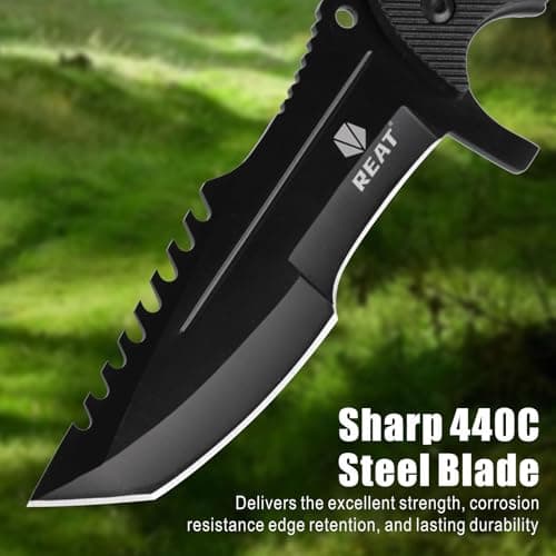 REAT 440 Steel Fixed Blade Knife with Sheath, 8.5" Full Tang, Ergonomic Handle, Hunting Knife for Camping & Survival