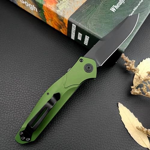 Assisted Opening Knife, D2 Blade, Push Button, Green Aluminum Handle (Deep Carry Pocket Clip)