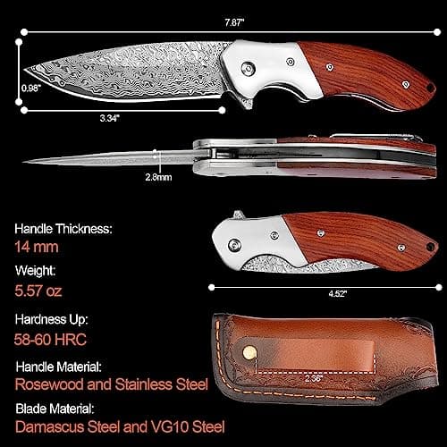 KOMWERO Damascus Steel Pocket Knife, VG10 Blade, 3.34" Length, Hunting Knife