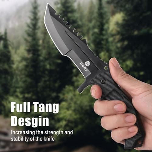 REAT 440 Steel Fixed Blade Knife with Sheath, 8.5" Full Tang, Ergonomic Handle, Hunting Knife for Camping & Survival