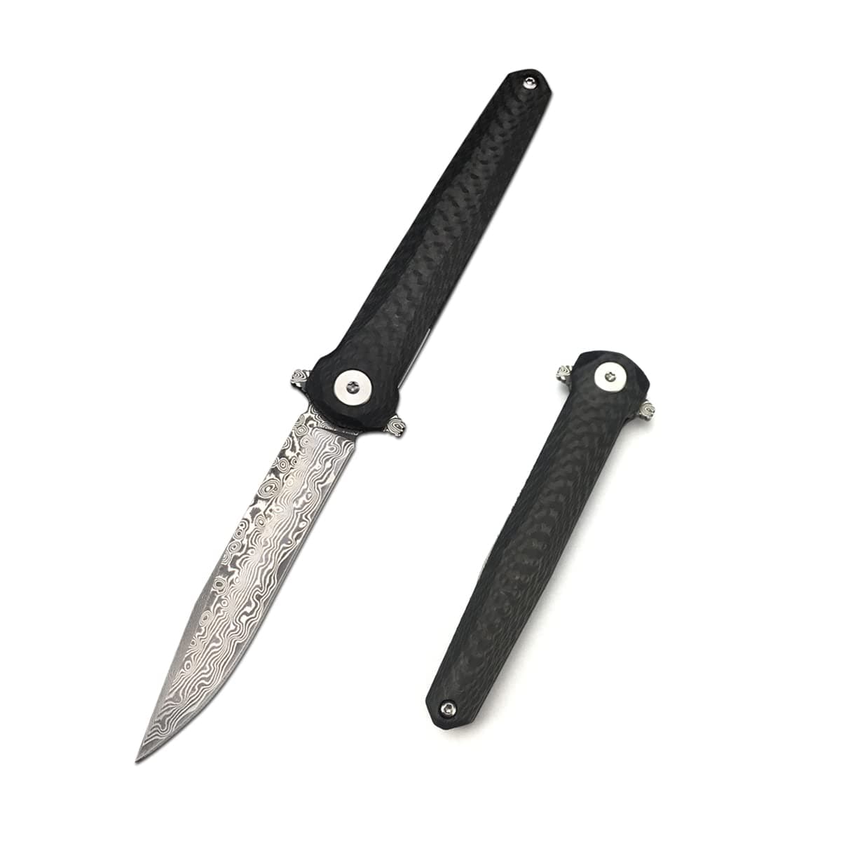 HUAAO Damascus Pocket Knife, 2.9”, Carbon Fiber Handle, Liner Lock, Black