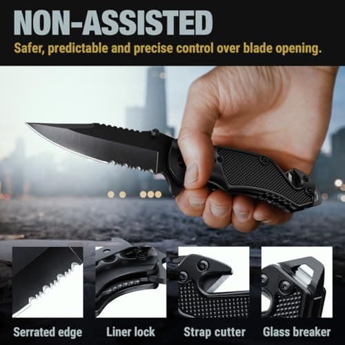 Legal Pocket Knife with Serrated Blade - EDC Folding Knife - Glass Breaker, Seat Belt Cutter - Gifts for Men