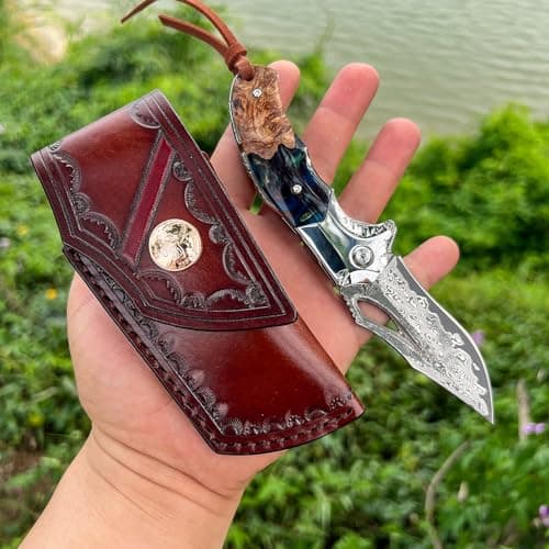 Retro Damascus Steel Folding Knife with Leather Sheath for Mens Gift