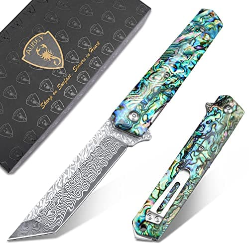 AUBEY Damascus Pocket Knife, Tanto VG10 Core Steel Folding Knife with Ball Bearing and Glass Breaker, EDC Damascus Knife for Men and Women — D-Abalone Shell Handle