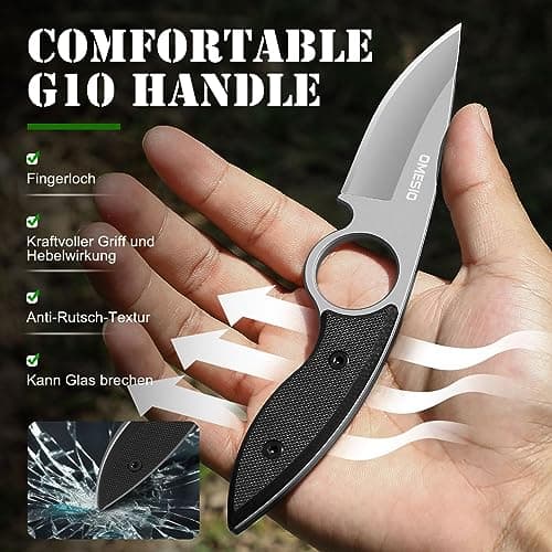 Omesio Tactical Survival Knife, Kydex Sheath, Full Tang, 2.68" Drop Point, G10 Handle, EDC Neck Knife, White