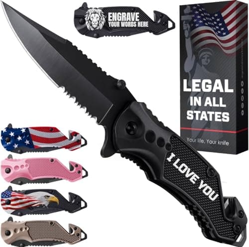 Legal Pocket Knife with Serrated Blade - EDC Folding Knife - Glass Breaker, Seat Belt Cutter - Gifts for Men — 9. I LOVE YOU