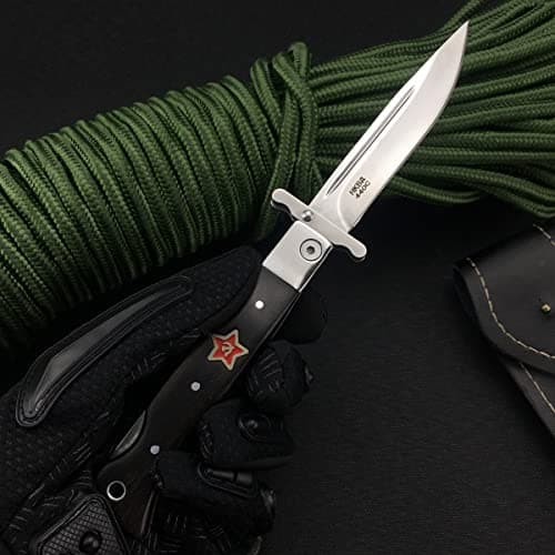 8.7inch Tactical Lockback Knife, Wood Handle, 440C Steel, Leather Sheath