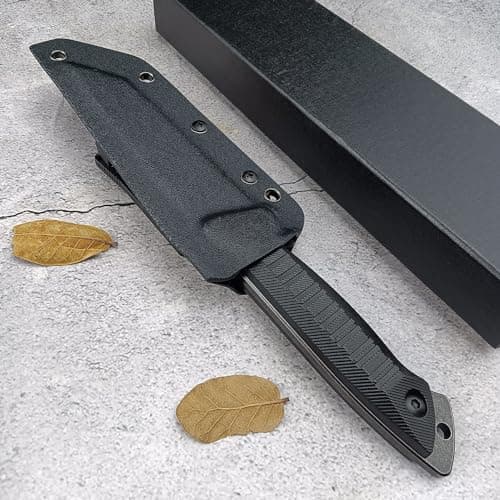 8Cr13Mov Full Tang Survival Knife, Kydex Sheath, Outdoor Hunting Knife (Black)