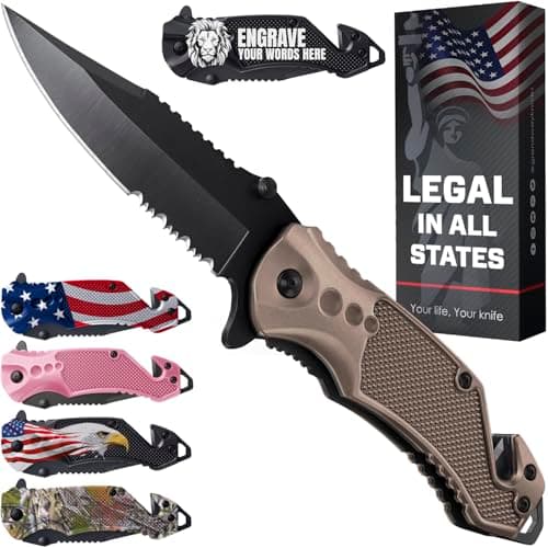 Legal Pocket Knife with Serrated Blade - EDC Folding Knife - Glass Breaker, Seat Belt Cutter - Gifts for Men — 6. Tan