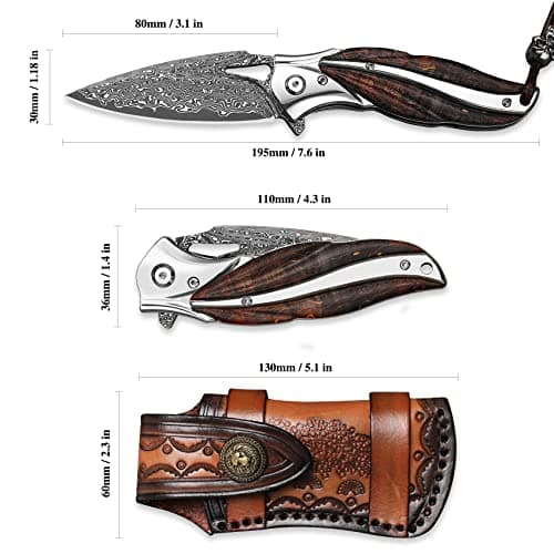 High-Quality Japanese VG10 Damascus Steel Folding Knife with Leather Case and Liner Lock