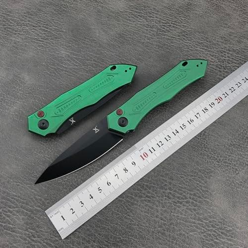 EDC Folding Knife for Men, Button Lock, 3.35in 9Cr18MoV Steel, Green Aluminum Handle, Sharp Camping Knife (Green)