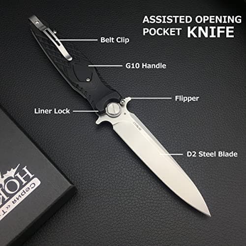 Pocket Knife with Flipper Assisted Opening for Men, 4.3'' D2 Steel Blade, G10 Handle, Liner Lock, Deep Carry Belt Clip