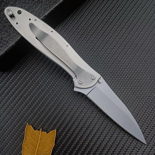 HUAAO Outdoor 3" Bead Blast Plain Blade Frame Lock Knife, Stainless Steel Handles, Reversible Pocketclip