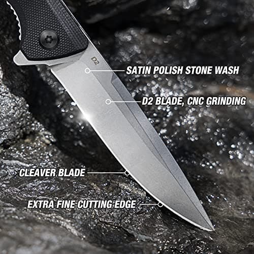 Flissa Pocket Knife, 4 Inch D2 Blade, G10 Handle, Black for Outdoors, Hiking, Camping