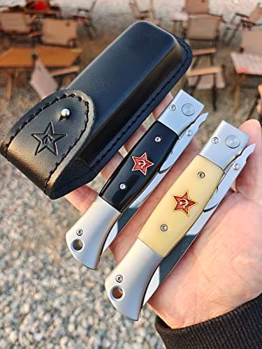 Finka-NKVD KGB Folding Pocket Knife, 3.74" X12M Steel Blade, Aviation Aluminum Handle (Beige)
