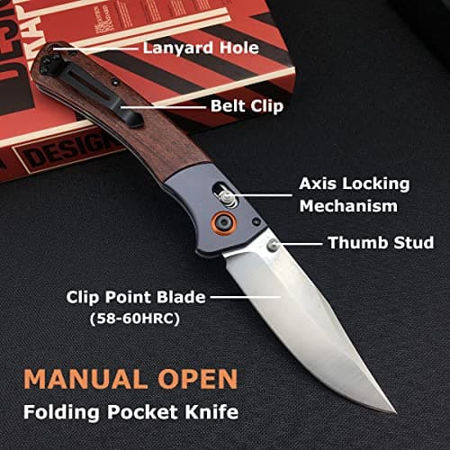 Everyday Carry Crooked River EDC Knife: 3.7 D2 Steel Blade, Wood Handle, Manual Folding with Belt Clip for Camping