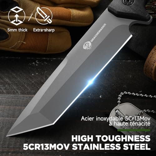 Tanto Fixed Blade Knife with Sheath for Survival and Tactical Carry