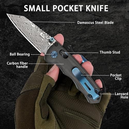 Axis Lock Folding Knife with Black Carbon Fiber, 2.4" Damascus Blade, Perfect for Camping and Everyday Use