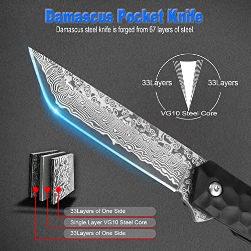 AUBEY Damascus Pocket Knife, Tanto VG10 Core Steel Folding Knife with Ball Bearing and Glass Breaker, EDC Damascus Knife for Men and Women