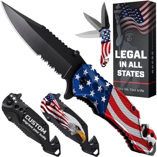 Legal Pocket Knife with Serrated Blade - EDC Folding Knife - Glass Breaker, Seat Belt Cutter - Gifts for Men — 4. American Flag