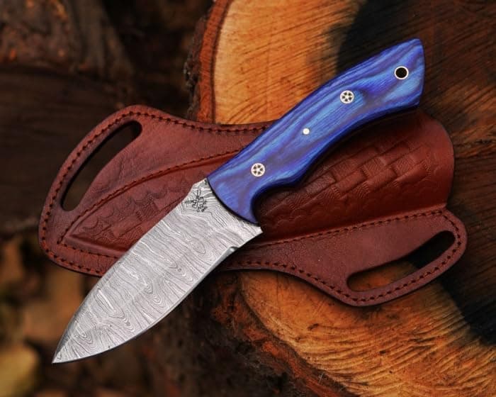 Predator Hunter 9" Damascus Steel Fixed Blade Skinning Knife (Exotic Wood Handle) — Blue