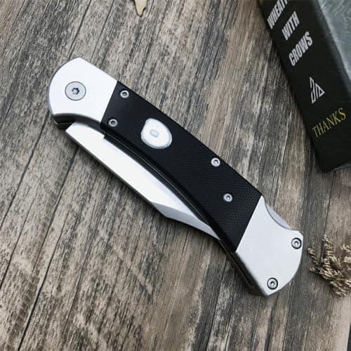 Push Button Folding Knife, 440C Steel, Backlock, G10 Handle, Leather Sheath, EDC for Men (Black)