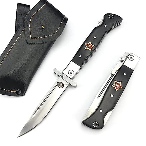 8.7inch Tactical Lockback Knife, Wood Handle, 440C Steel, Leather Sheath